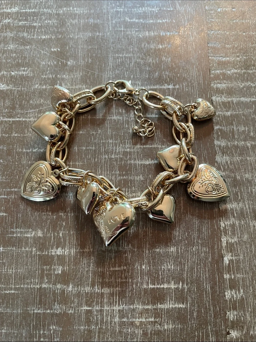 Gold Tone Heart Charm Bracelet, Lightweight